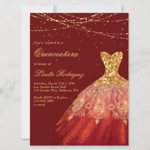 Convite Elegante Vermelho E Dourado Vestido Quinceanera