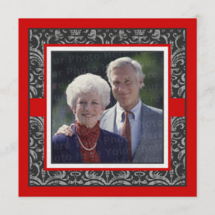 Convite Elegante Vermelho e Preto Damask Aniversário de Ca