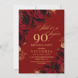 Convite Elegante Vermelho e Rosas Dourados Aniversário do 