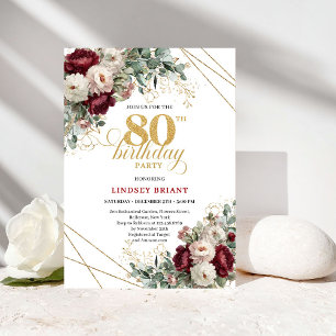 Convite Elegante Vermelho Escuro Borgonha 80º Aniversário