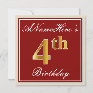 Convite Elegante, Vermelho, Faux Dourado 4º Aniversário 