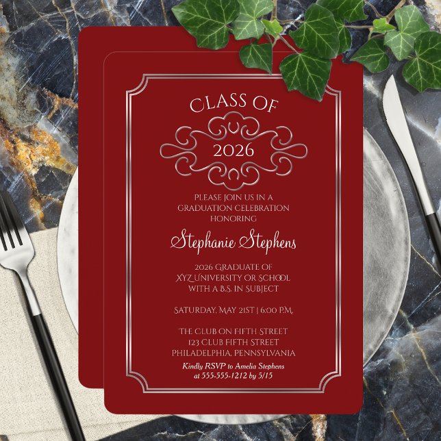Convite Elegante Vermelho | Formandos de prata (Elegant and Classy Formal Red and Silver Tone College Graduation Party Invitation - Print | Digital)