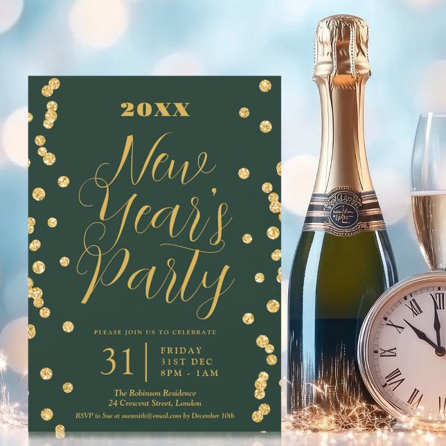 Convite Elegante Véspera de ano novo Dourada Glitter Confe (Elegant New Years Eve Gold Glitter Confetti Green Invitation)