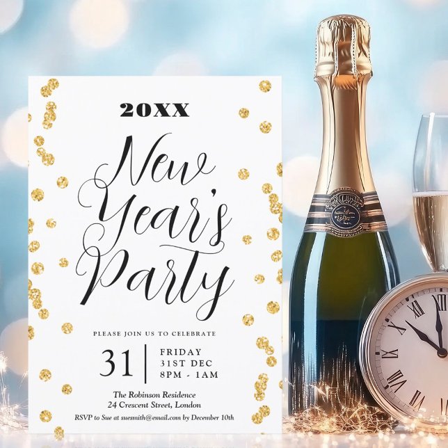 Convite Elegante Véspera de ano novo Dourada Glitter Confe (Elegant New Years Eve Gold Glitter Confetti Invitation)