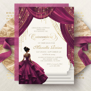 Convite Elegante Vestido de Princesa Burgundy Quinceanera