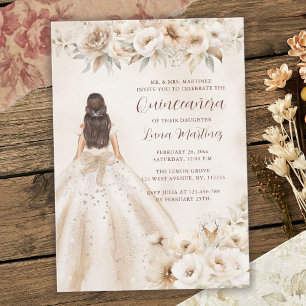 Convite Elegante Vestido de Quince Anos Floral Aquarela de
