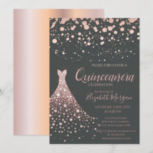 Convite Elegante vestido de Quinceañera em ouro rosa com d