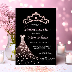 Convite Elegante Vestido Quinceañera Preto Tiara Pink Gown