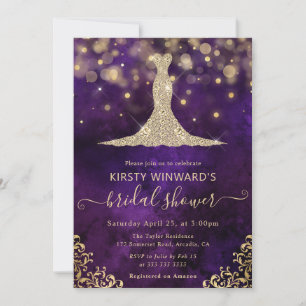 Convite Elegante Vestido Roxo Dourado para Chá de Noiva