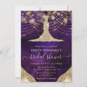 Convite Elegante Vestido Roxo Dourado para Chá de Noiva