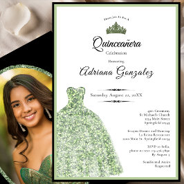 Convite Elegante vestido verde-sage para debut de 18 anos