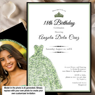 Convite Elegante vestido verde-sage para debut de 18 anos