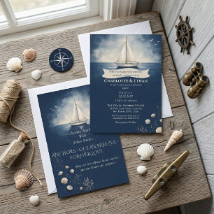 Convite Elegante Viagem de Amor Barco à Vela Azul-Marinho 