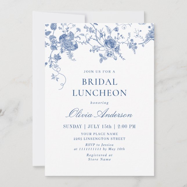 Convite Elegante Victorian Blue Floral BRIDAL LUNCHEON (Frente)