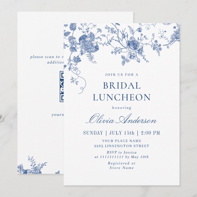 Convite Elegante Victorian Blue Floral BRIDAL LUNCHEON (Frente/Verso)