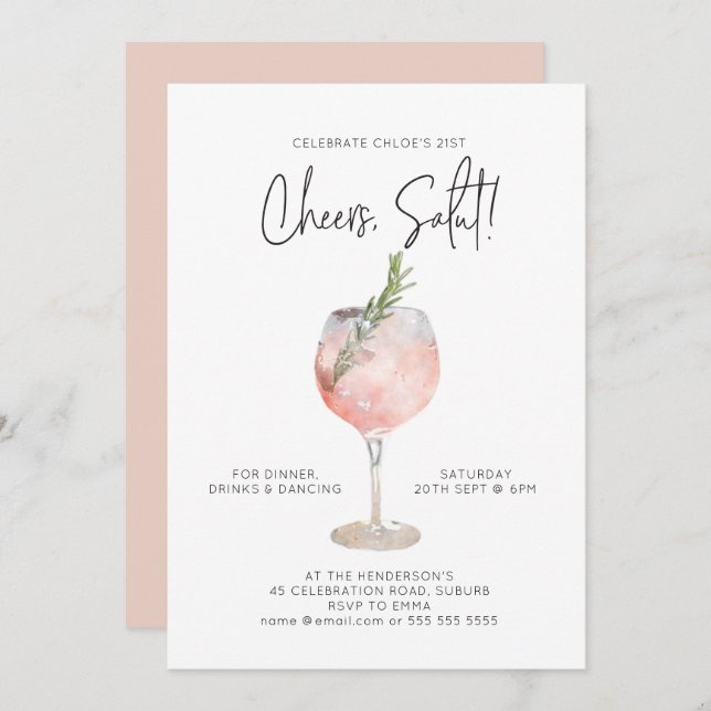 Convite Elegante Vinho Vinho Coquetel, Parte Rosa 21 rua (Frente/Verso)