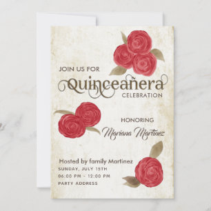 Convite Elegante vintage aquarela rosas vermelhas Quince