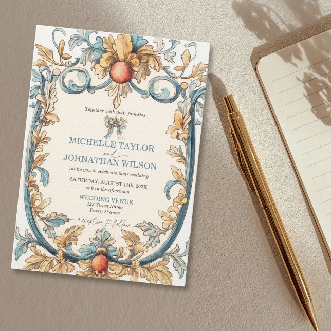 Convite Elegante Vintage Art Nouveau Azul e Dourado (bow and art nouveau frame blue and gold wedding invitation)