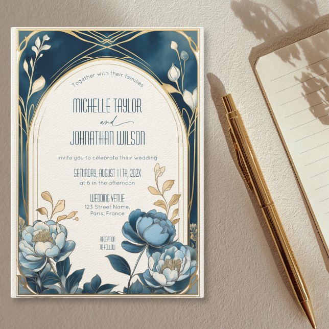 Convite Elegante Vintage Art Nouveau Blue Peonies Mucha (Blue peonies with an arched art nouveau frame wedding invitation)