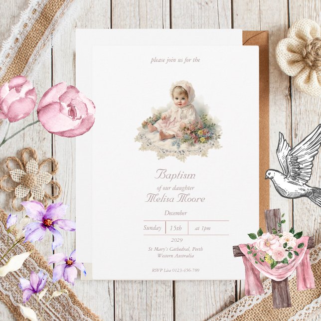 Convite Elegante Vintage Baby Girl Baptism (Elegant Vintage Baptism Invitations)