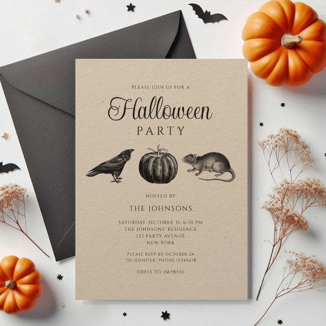Convite Elegante Vintage Black Pumpkin Halloween (Elegant Vintage Black Pumpkin Halloween Invitation)
