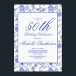 Convite Elegante Vintage Blue Floral 50th Birthday Women<br><div class="desc">Elegante vintage azul floral em branco no 50º convite de aniversário para mulheres com um belo texto de roteiro. Texto, fontes e texto são completamente personalizáveis, então, embora este cartão seja projetado para uma senhora que comemora seu 50º aniversário, ele pode ser personalizado para qualquer idade. Entre em contato conosco...</div>