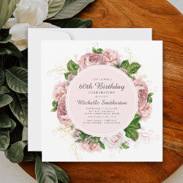 Convite Elegante Vintage Blush Floral Rosa 60º Aniversário