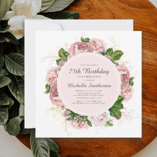 Convite Elegante Vintage Blush Floral Rosa 75º Aniversár