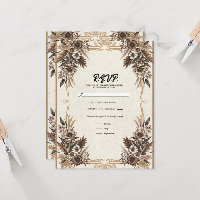 Convite Elegante Vintage Boêmio Floral Casamento RSVP (Frente/Verso In Situ)