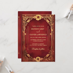 Convite Elegante Vintage Casamento Vermelho Borgonha e Dou
