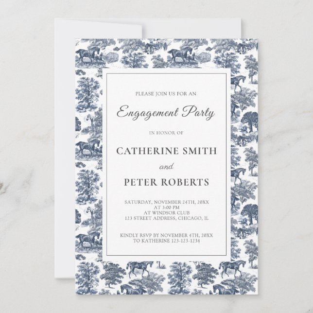 Convite Elegante Vintage Chic Blue Horse Toile (Frente)