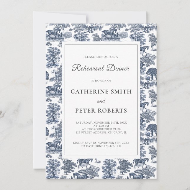 Convite Elegante Vintage Chic Blue Horse Toile (Frente)