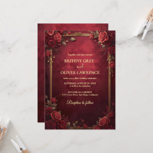 Convite Elegante Vintage Floral Casamento Bordeaux e Doura