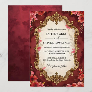 Convite Elegante Vintage Floral Casamento Bordeaux e Doura