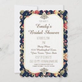 Convite Elegante Vintage Floral Rosa Chá de panela Azul