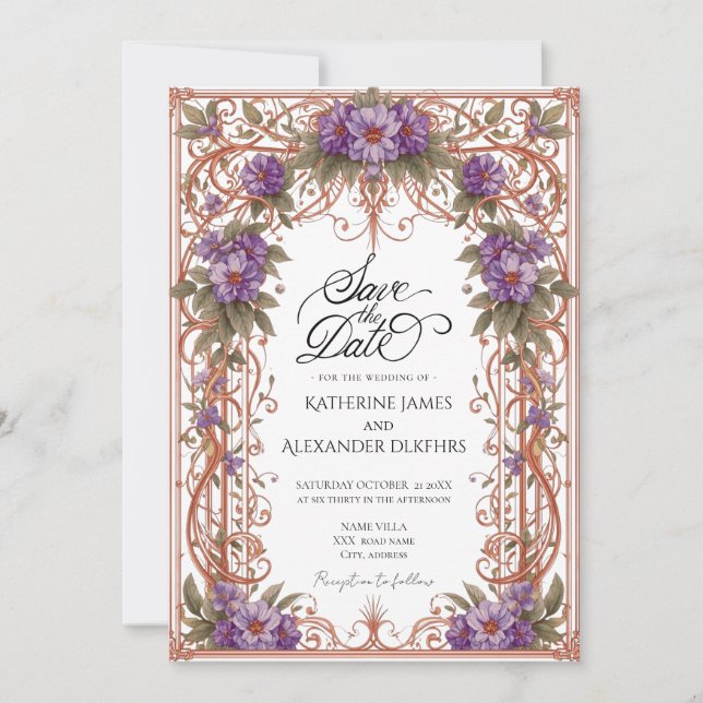 Convite Elegante Vintage Nouveau Casamento Salvar Data (Frente)