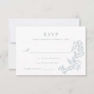 Convite Elegante Vintage Ornament Design Blue Wedding RSVP