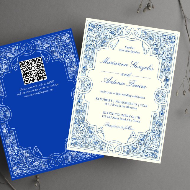 Convite Elegante vintage ornamentado de casamento (Elegant vintage antique ornate royal blue ivory frame wedding invitation template digital download)