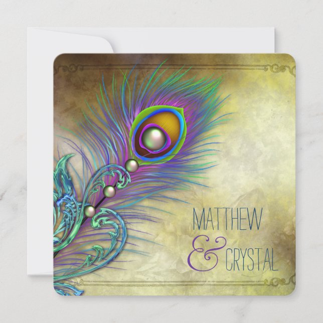 Convite Elegante Vintage Peacock Wedding (Frente)