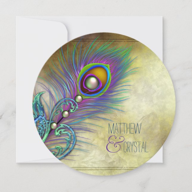 Convite Elegante Vintage Peacock Wedding (Frente)