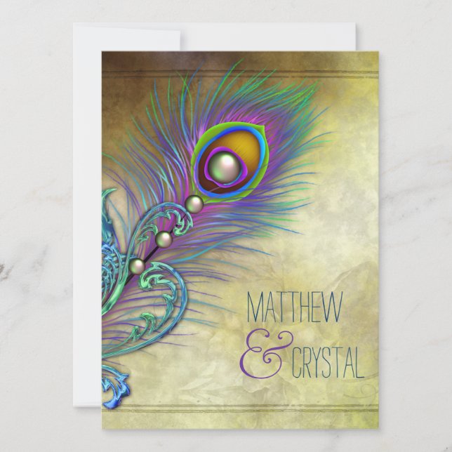 Convite Elegante Vintage Peacock Wedding (Frente)