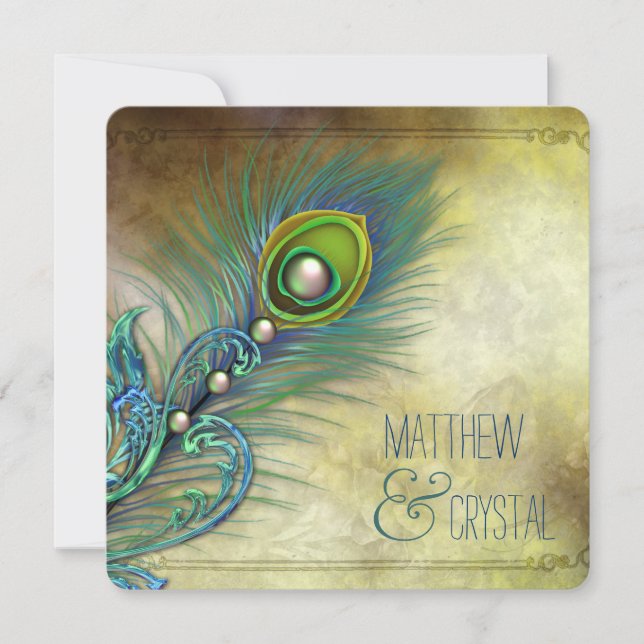 Convite Elegante Vintage Peacock Wedding (Frente)
