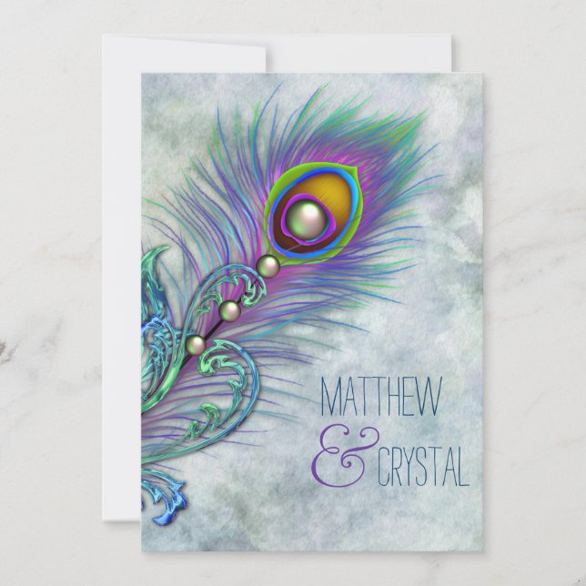 Convite Elegante Vintage Peacock Wedding (Frente)