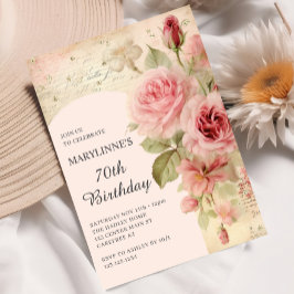Convite Elegante Vintage Rosa 70 Birthday
