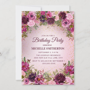 Convite Elegante Vintage Rosa Roxo Flores Rosas Brilho