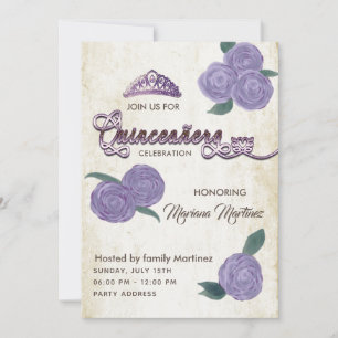 Convite Elegante vintage rosas de aquarelas roxas Quince