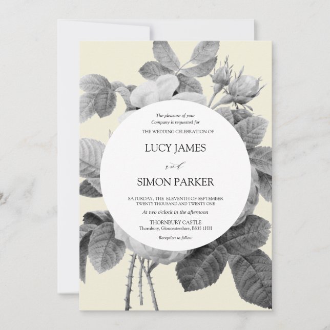 Convite Elegante Vintage Rosas monocromáticos Florais (Frente)