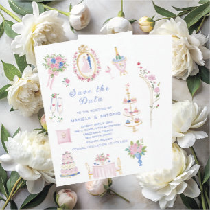 Convite Elegante Vintage salve os dados Aquarela Casamento