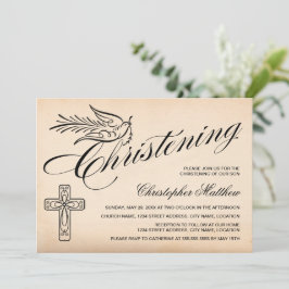 Convite Elegante Vintage Script Cross and Dove Christening