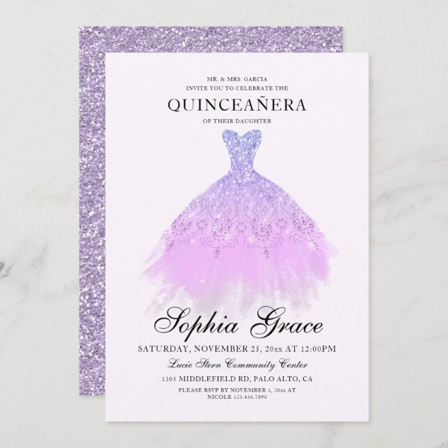 Convite Elegante Violeta Roxo, Glitter Quinceañera (Frente/Verso)
